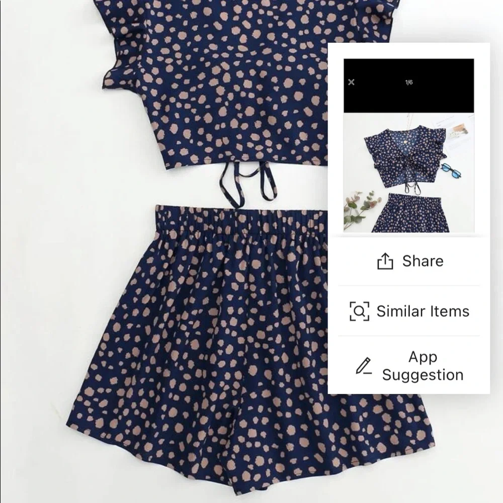 NWT SHEIN Navy Blue Polka Dot Crop Top Matching Set Summer Vacation Boho Spring - Picture 2 of 4